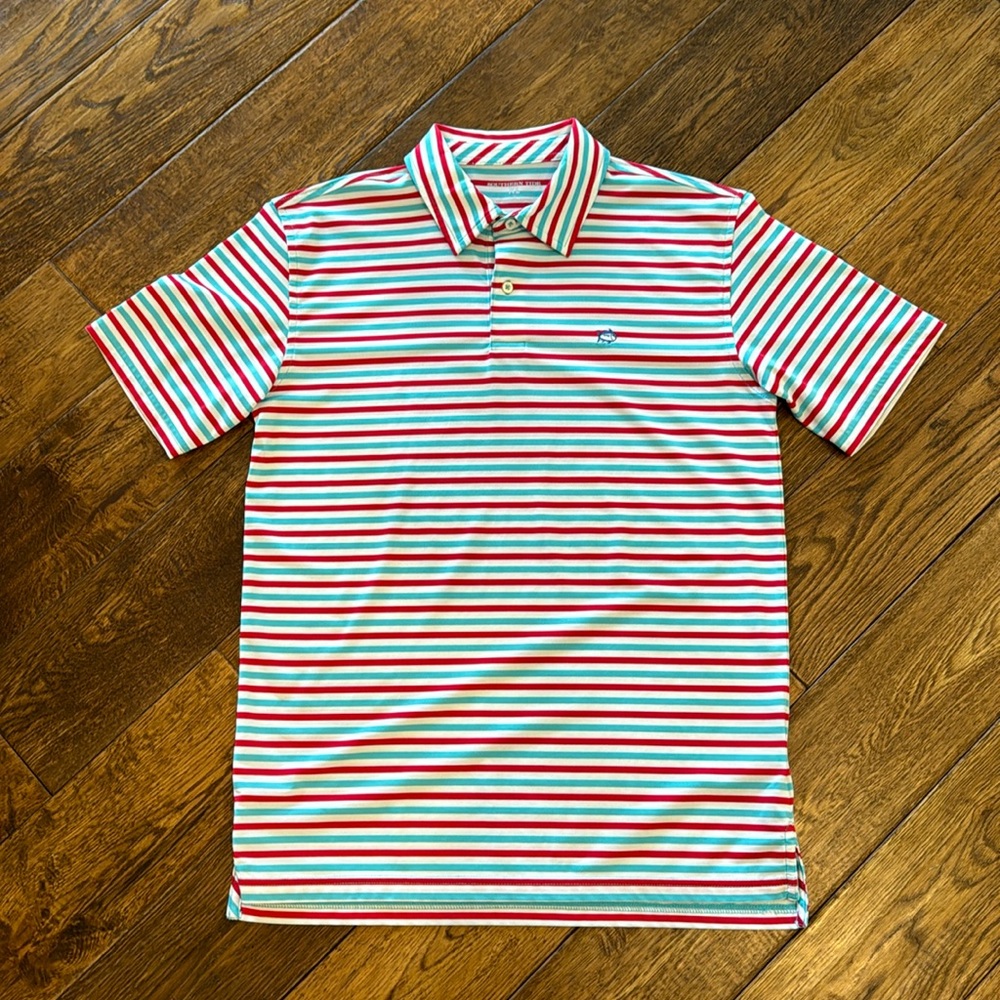 EUC boys Southern Tide red turquoise stripe performance polo XL (16)